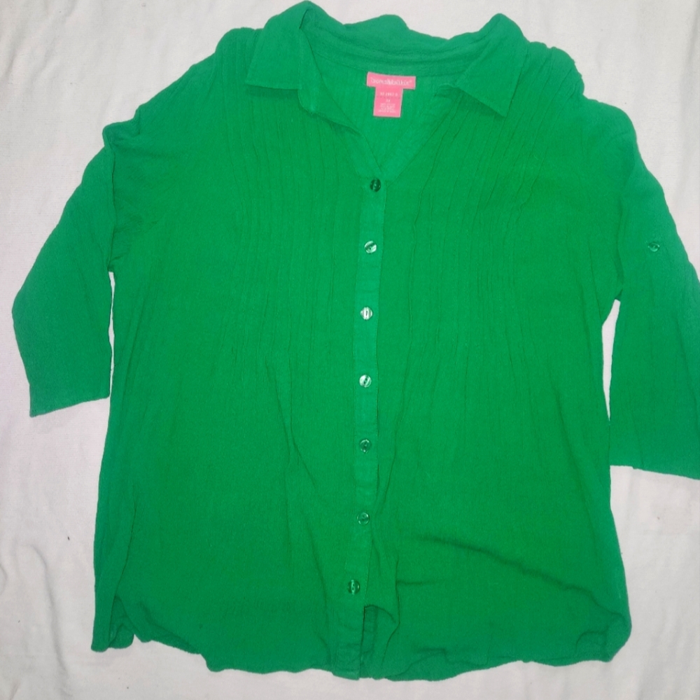 Woman Within Green Boxy Button Down Shirt with Notched Collar